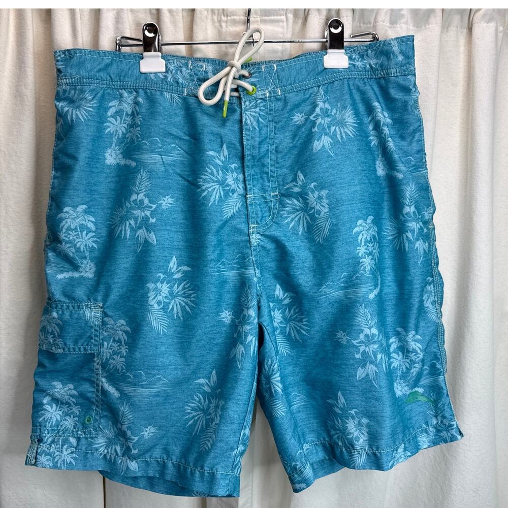 Tommy Bahama Blue Palm Trees Floral Tropical Lined Swim Trunks Men's Size Large